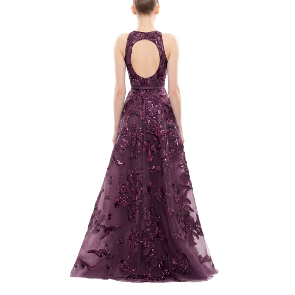 Saiid Kobeisy Embroidered Tulle Long Dress in Italian Plum, view 4