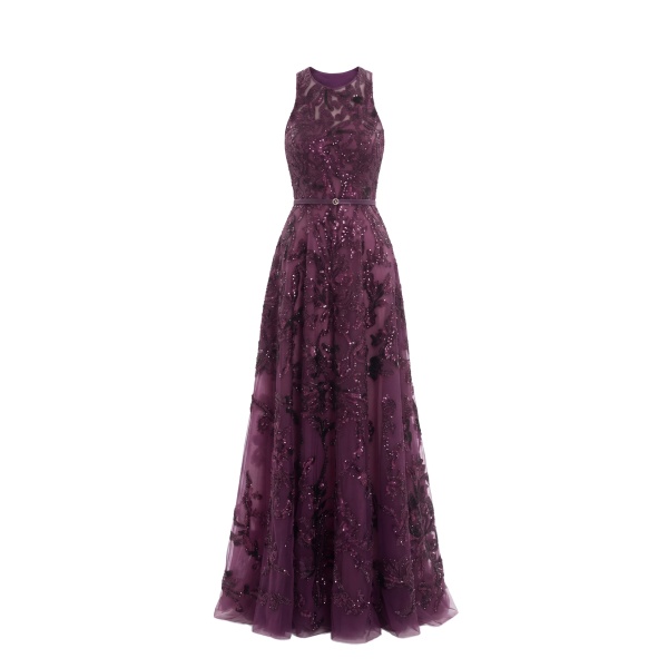 Saiid Kobeisy Embroidered Tulle Long Dress in Italian Plum