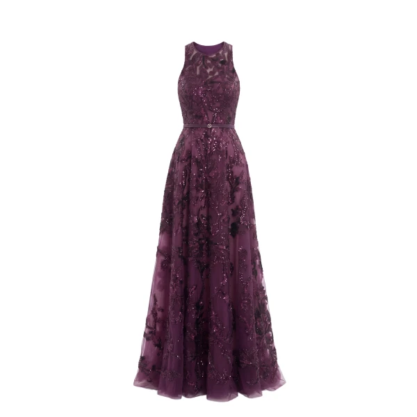 Saiid Kobeisy Embroidered Tulle Long Dress in Italian Plum