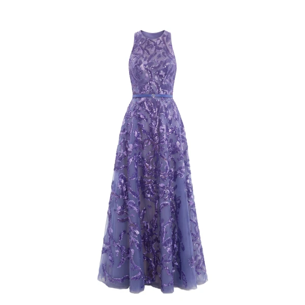 Embroidered Tulle Long Dress in Marlin
