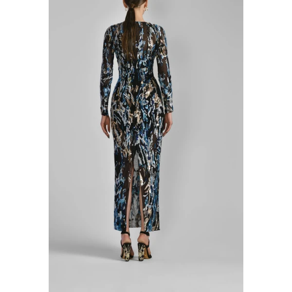 Saiid Kobeisy Fitted Beaded Tulle Dress in Indigo Beading, view 3