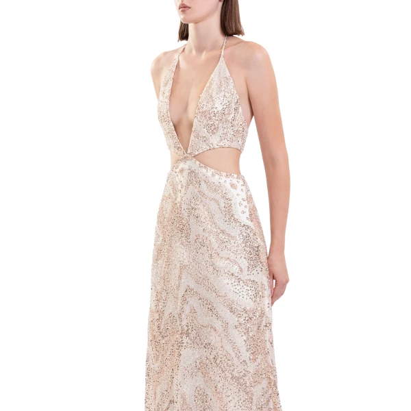 Saiid Kobeisy Fully Embroidered Cut-Out Dress in Light Gold, view 4