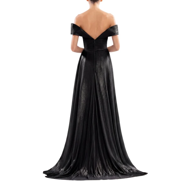 Saiid Kobeisy Gold Lame Off-Shoulder Dress in Jet Black, view 2