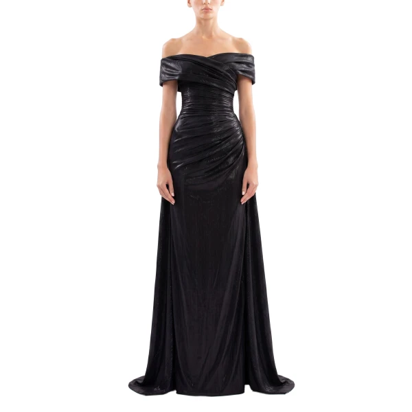 Saiid Kobeisy Gold Lame Off-Shoulder Dress in Jet Black