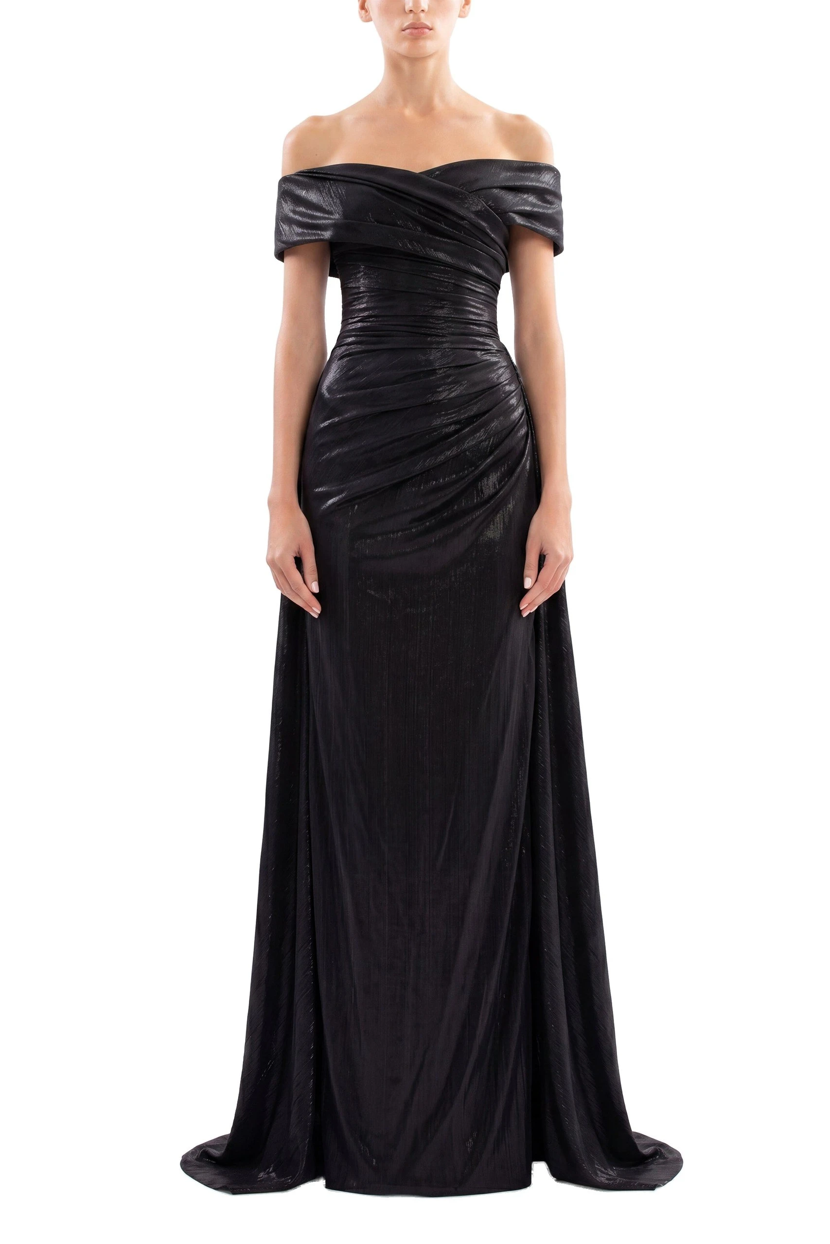 Saiid Kobeisy Gold Lame Off-Shoulder Dress in Jet Black | Dresses | Luxury Shoes Saiid Kobeisy Gold Lame Off-Shoulder Dress in Jet Black