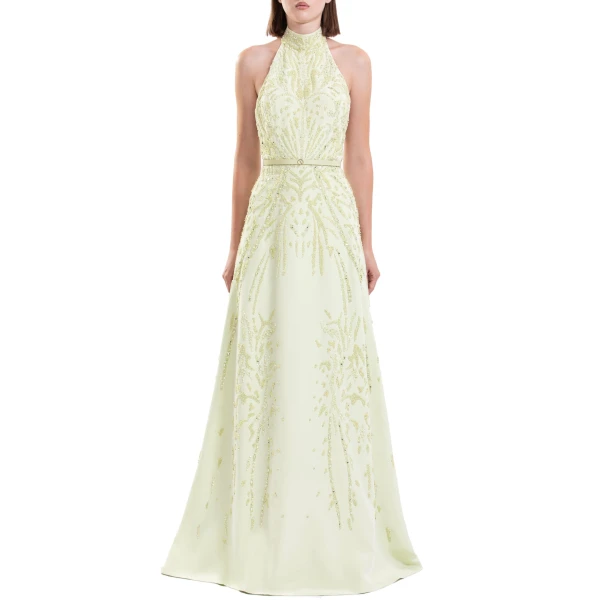 Saiid Kobeisy Halter Neck Embroidered Crepe Dress in Reed, view 3