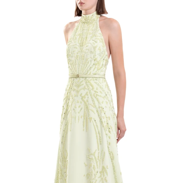 Saiid Kobeisy Halter Neck Embroidered Crepe Dress in Reed, view 4