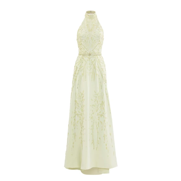 Halter Neck Embroidered Crepe Dress in Reed