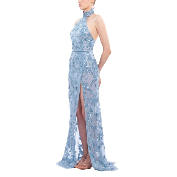 Saiid Kobeisy Halter Neck Embroidered Tulle Dress in Ice Blue, view 3