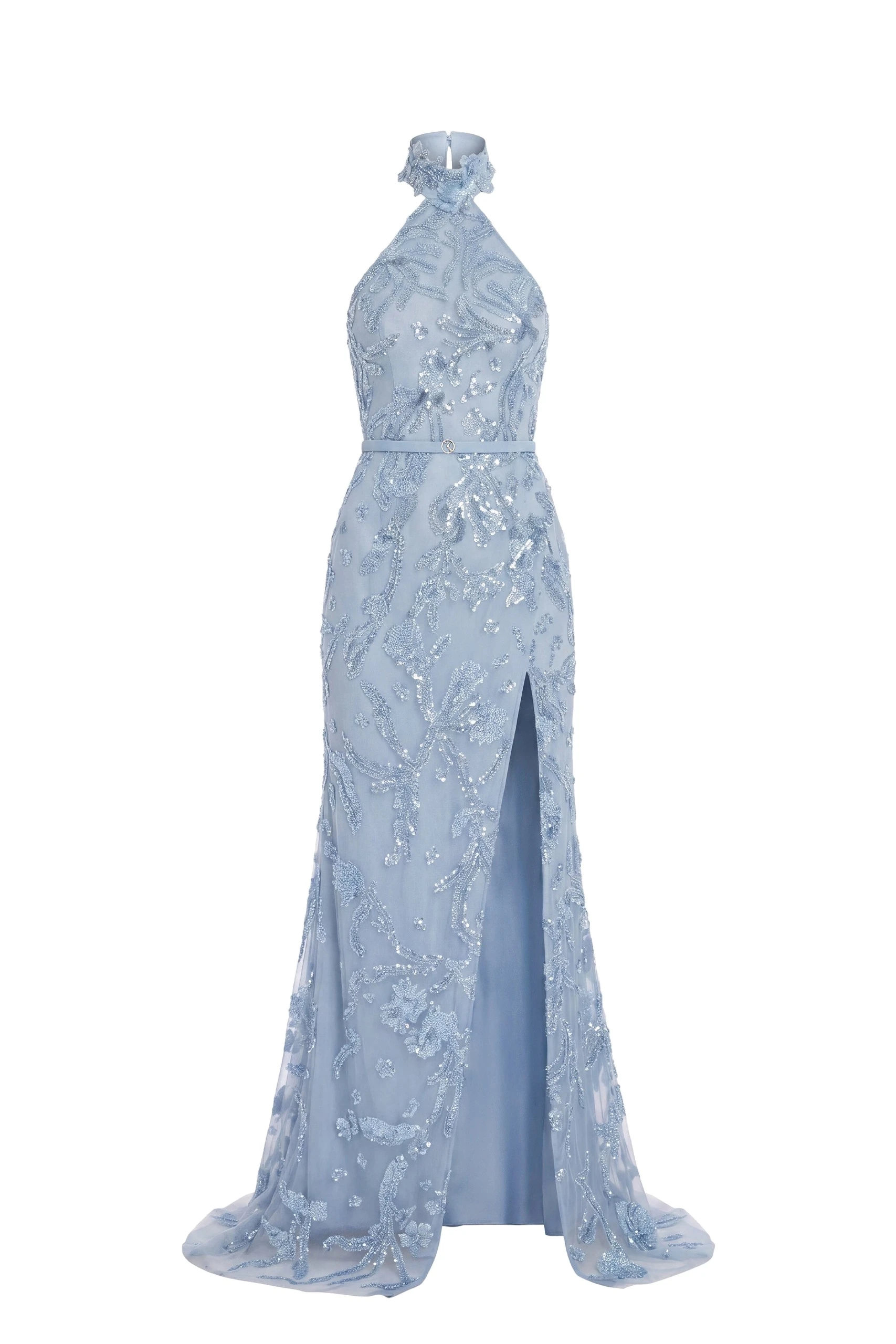Saiid Kobeisy Halter Neck Embroidered Tulle Dress in Ice Blue | Dresses | Luxury Shoes Saiid Kobeisy Halter Neck Embroidered Tulle Dress in Ice Blue