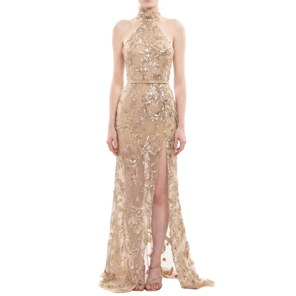 Saiid Kobeisy Halter Neck Embroidered Tulle Dress in Light Gold, view 2