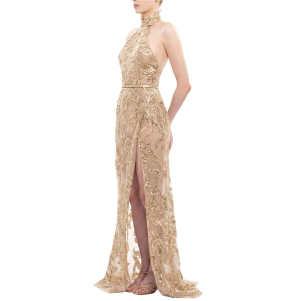 Saiid Kobeisy Halter Neck Embroidered Tulle Dress in Light Gold, view 3