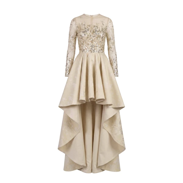 Saiid Kobeisy High-Low Brocade Beaded Dress in Ivory Cream