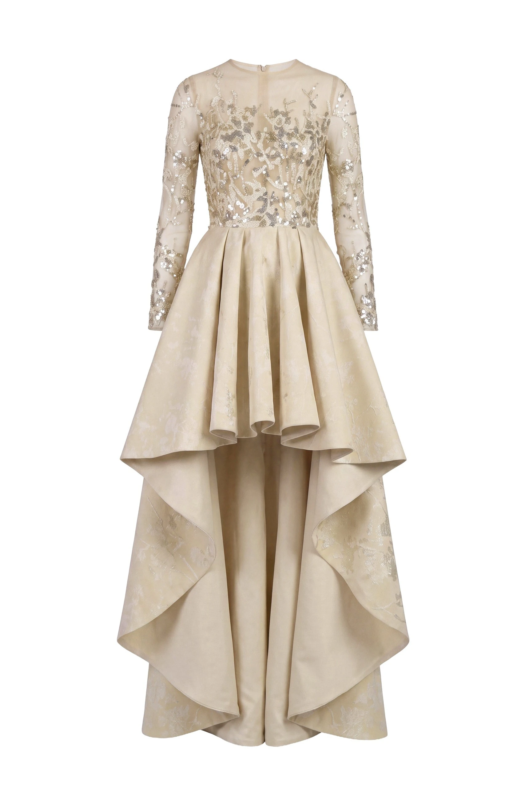 Saiid Kobeisy High-Low Brocade Beaded Dress in Ivory Cream | Dresses | Luxury Shoes Saiid Kobeisy High-Low Brocade Beaded Dress in Ivory Cream
