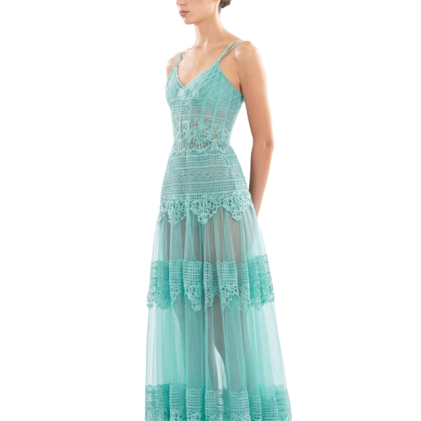 Saiid Kobeisy Lace Long Dress in Aqua Sky, Style 34, view 4