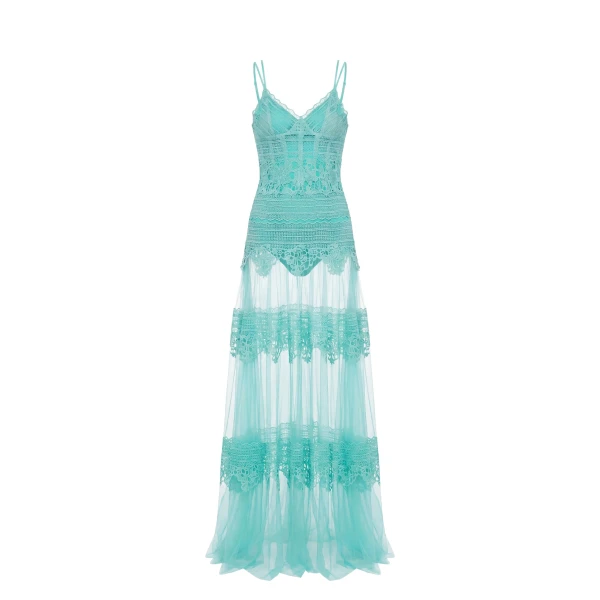 Saiid Kobeisy Lace Long Dress in Aqua Sky, Style 34
