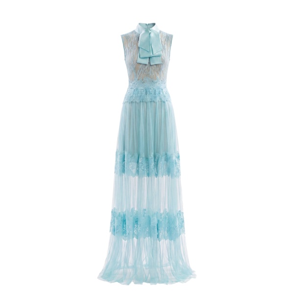 Saiid Kobeisy Lace Long Dress in Aqua Sky, Style 36