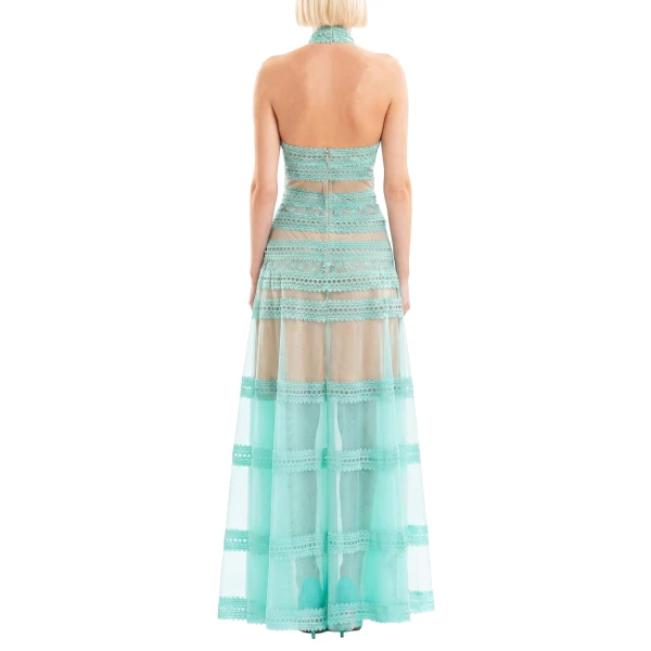 Saiid Kobeisy Lace Striped Long Dress in Aqua Sky, view 3