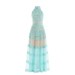 Saiid Kobeisy Lace Striped Long Dress in Aqua Sky