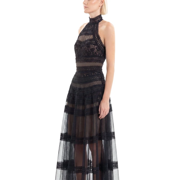 Saiid Kobeisy Lace Striped Long Dress in Jet Black, view 4