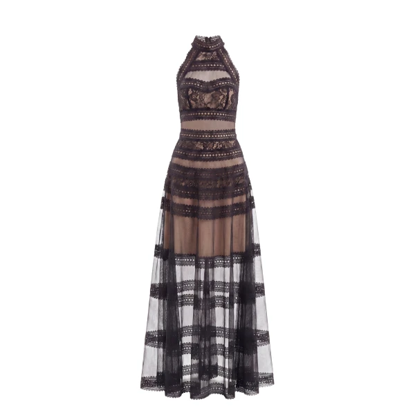 Lace Striped Long Dress in Jet Black