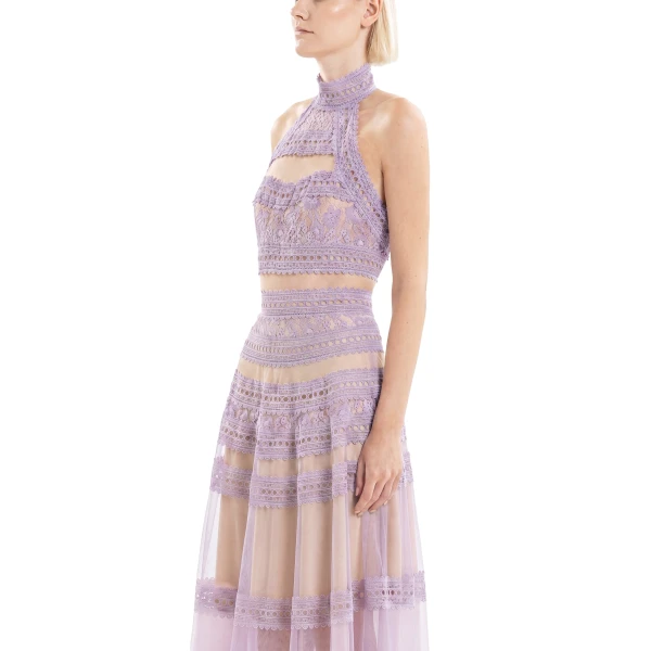 Saiid Kobeisy Lace Striped Long Dress in Lavender, view 4