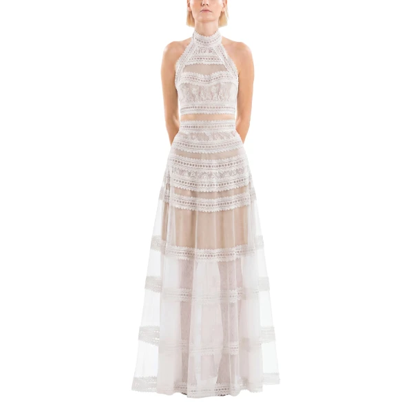 Saiid Kobeisy Lace Striped Long Dress in Off White, view 2