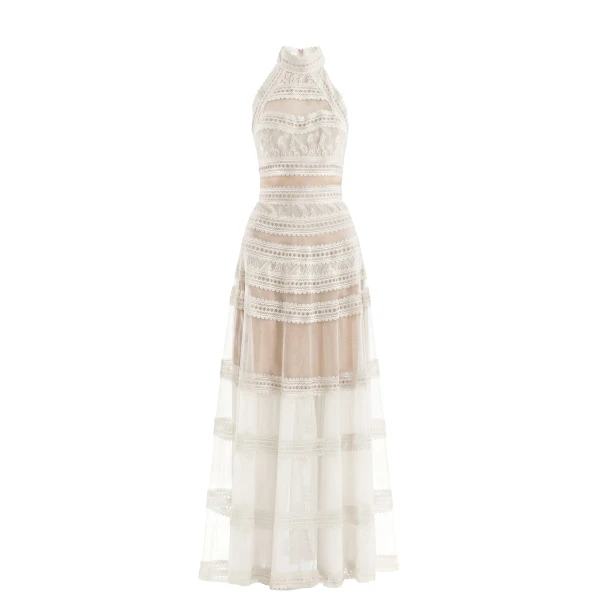 Lace Striped Long Dress in Off White