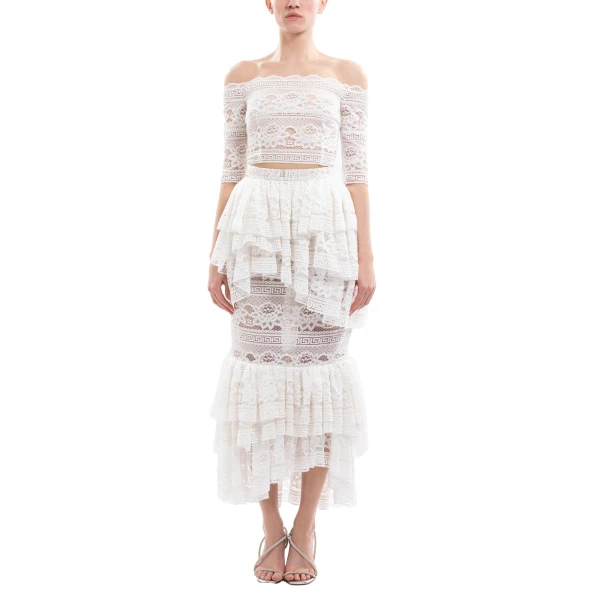 Saiid Kobeisy Lace Top with Ruffled Skirt in Off White, view 2