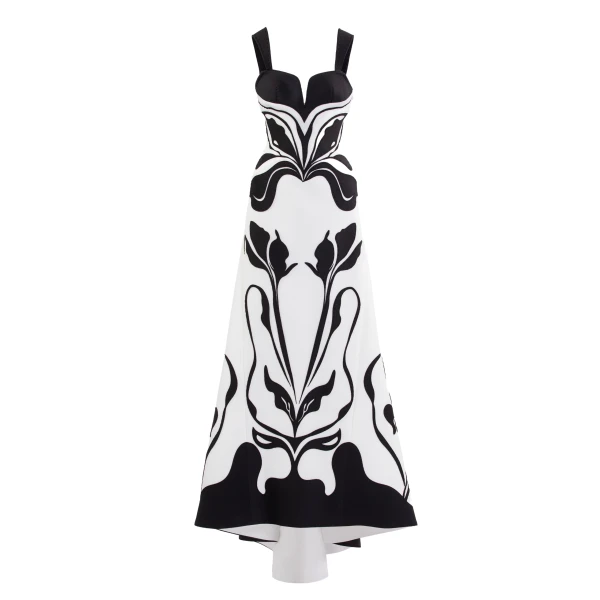 Laser Cut Scuba Dress in Off White and Jet Black