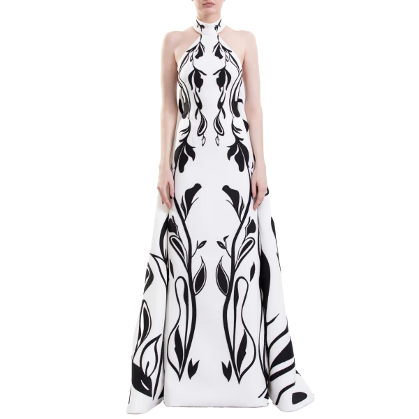 Saiid Kobeisy Laser Cut Scuba Halter Neck Dress in Off White and Jet Black, view 3