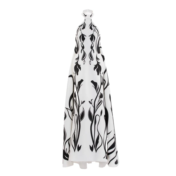 Laser Cut Scuba Halter Neck Dress in Off White and Jet Black