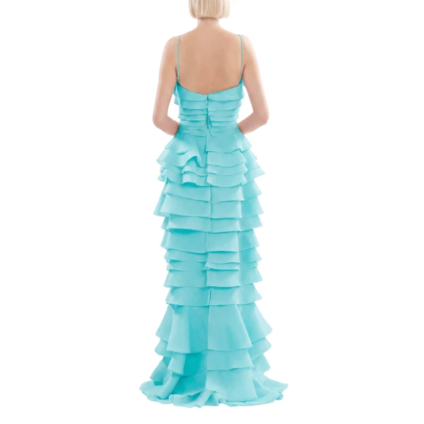 Saiid Kobeisy Layered Organza Long Dress in Aqua Sky, view 3