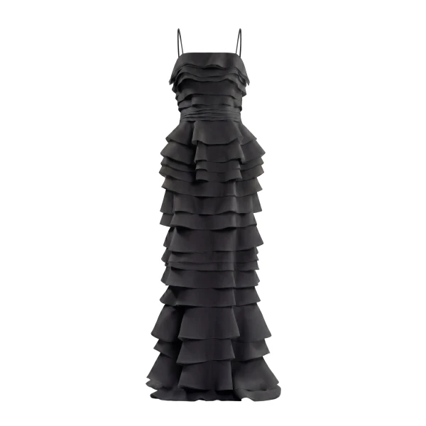 Saiid Kobeisy Layered Organza Long Dress in Jet Black