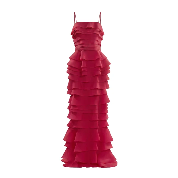 Saiid Kobeisy Layered Organza Long Dress in Space Cherry