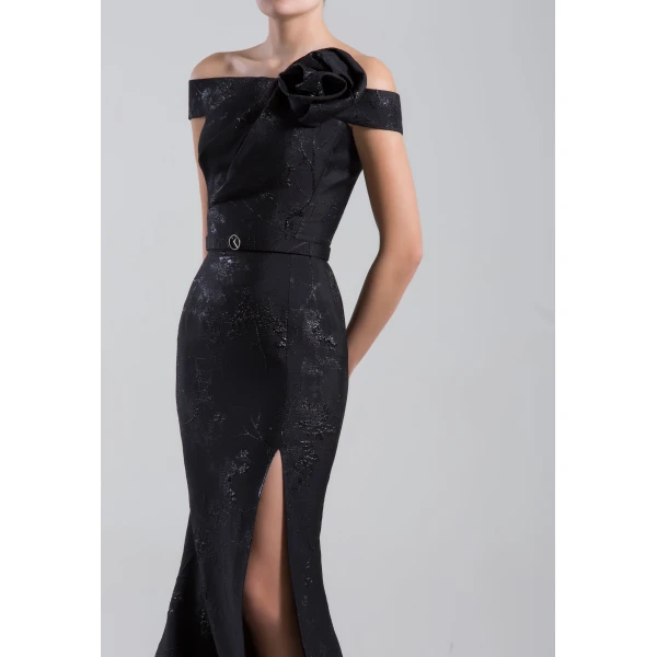 Saiid Kobeisy Long Brocade Dress with a Thin Belt in Jet Black, view 3