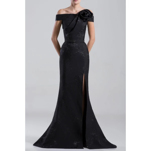Long Brocade Dress with a Thin Belt in Jet Black