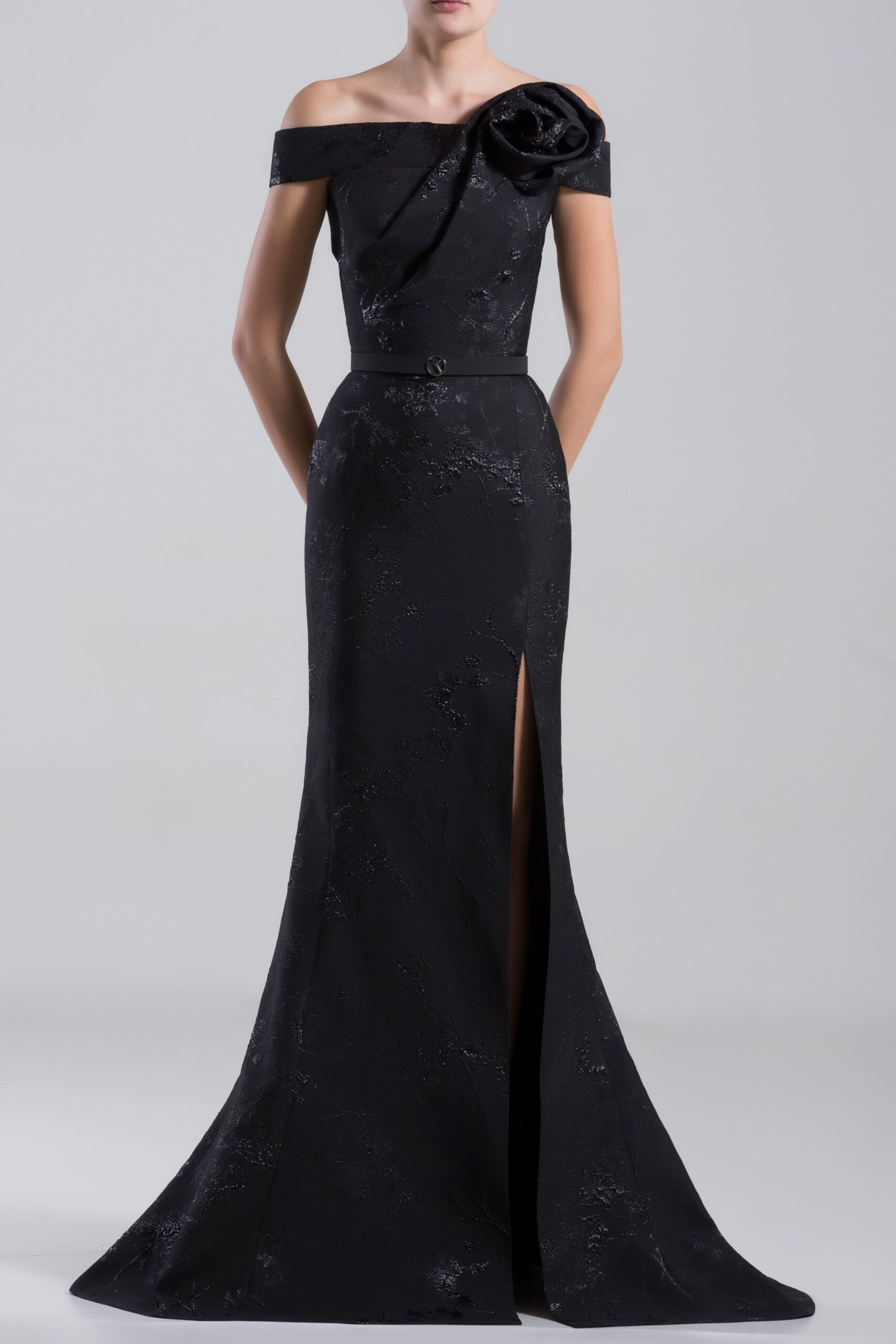 Saiid Kobeisy Long Brocade Dress with a Thin Belt in Jet Black | Dresses | Luxury Shoes Saiid Kobeisy Long Brocade Dress with a Thin Belt in Jet Black