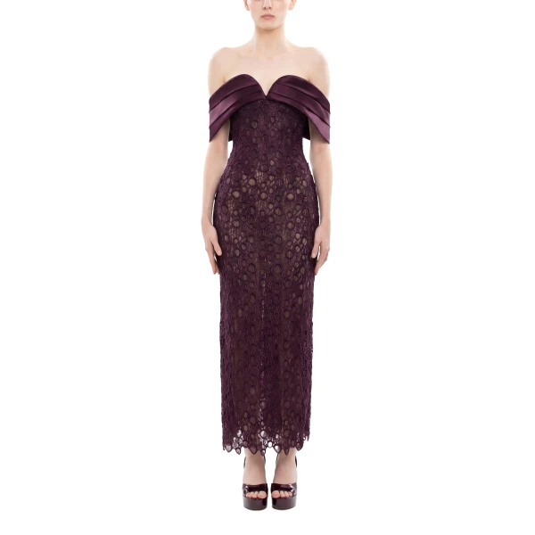 Saiid Kobeisy Midi Guipure Dress in Italian Plum, view 2