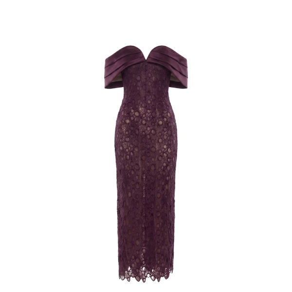 Saiid Kobeisy Midi Guipure Dress in Italian Plum