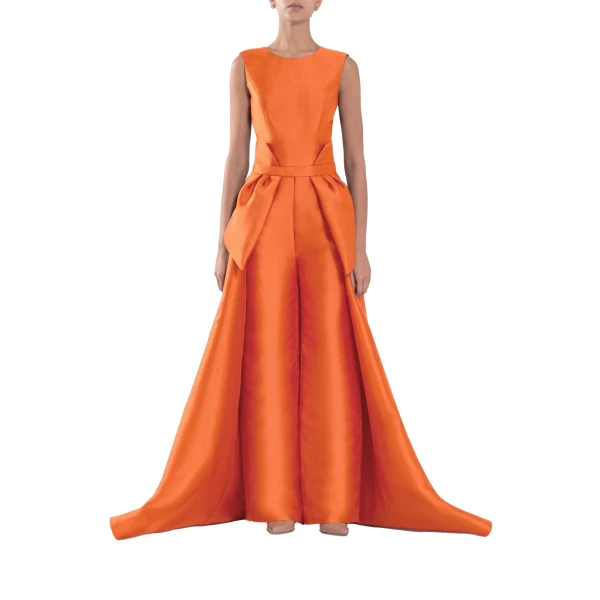 Saiid Kobeisy Mikado Classic Jumpsuit with Detachable Overskirt in Orange, view 2