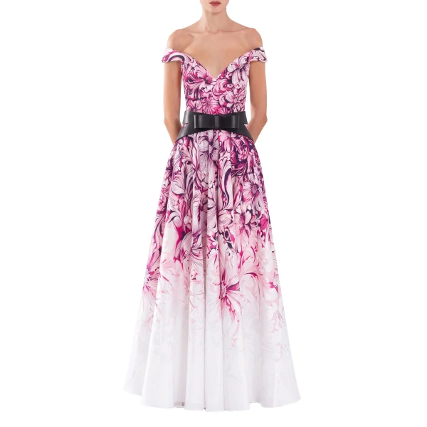 Saiid Kobeisy Mikado Printed Dress with Off-Shoulder Sleeves in Magenta Print, view 2