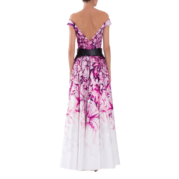 Saiid Kobeisy Mikado Printed Dress with Off-Shoulder Sleeves in Magenta Print, view 3