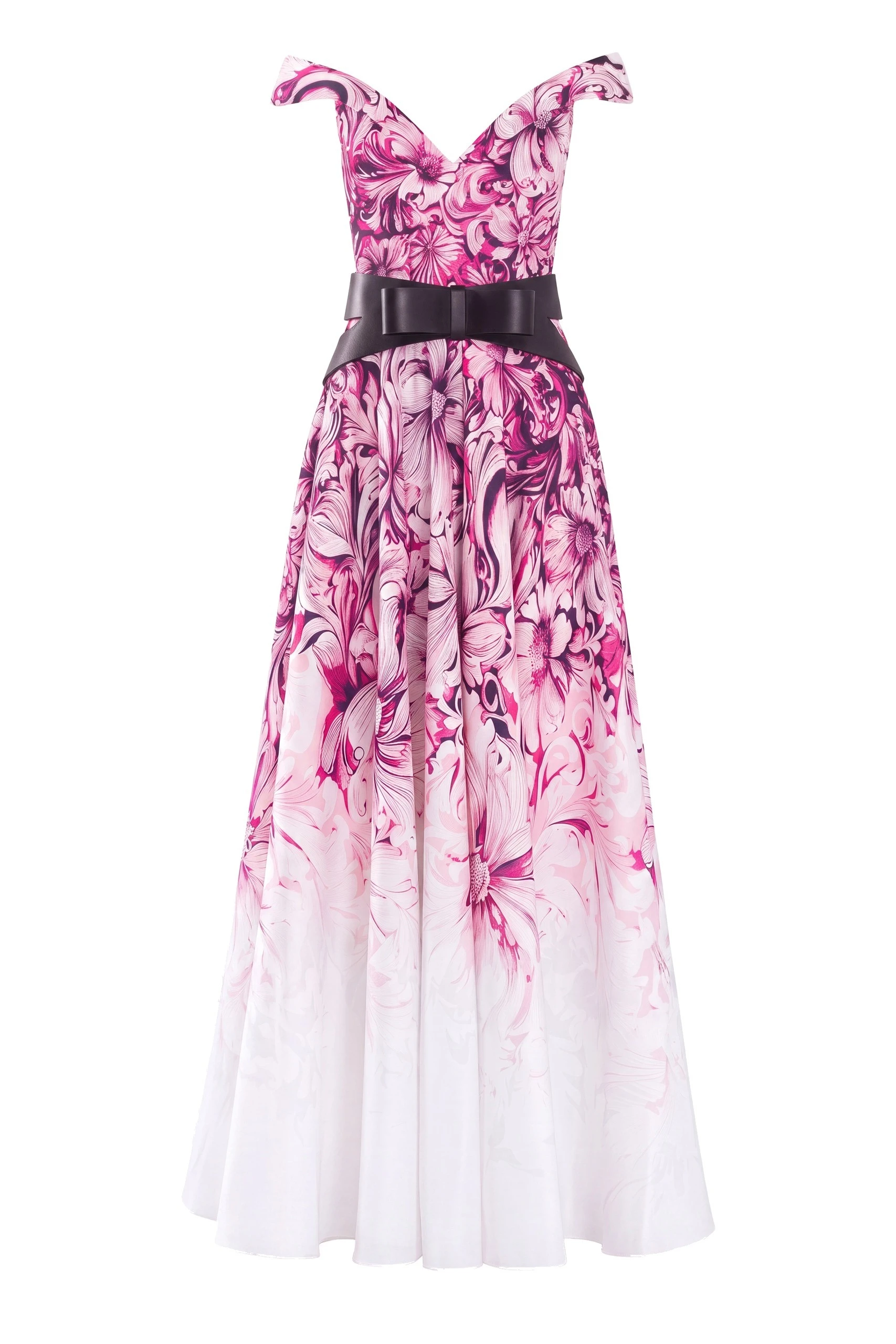 Saiid Kobeisy Mikado Printed Dress with Off-Shoulder Sleeves in Magenta Print | Dresses | Luxury Shoes Saiid Kobeisy Mikado Printed Dress with Off-Shoulder Sleeves in Magenta Print