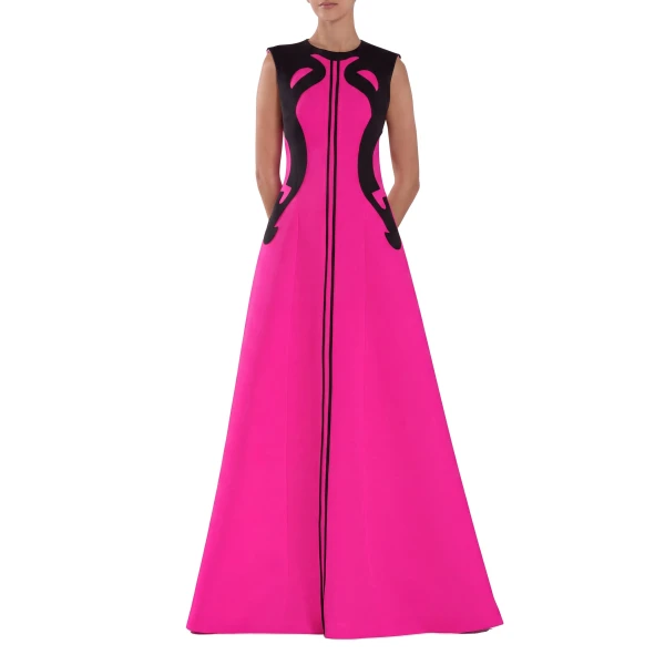 Saiid Kobeisy Neoprene Dress with Abstract Contrast Cuts in Magenta and Jet Black, view 2