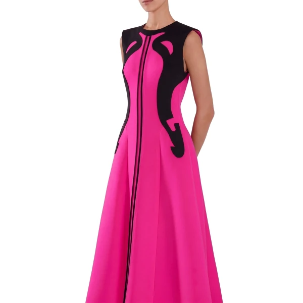 Saiid Kobeisy Neoprene Dress with Abstract Contrast Cuts in Magenta and Jet Black, view 4