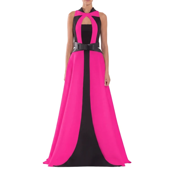 Saiid Kobeisy Neoprene Dress with Contrasting Cuts in Magenta and Jet Black, view 2