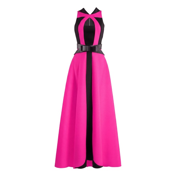 Saiid Kobeisy Neoprene Dress with Contrasting Cuts in Magenta and Jet Black