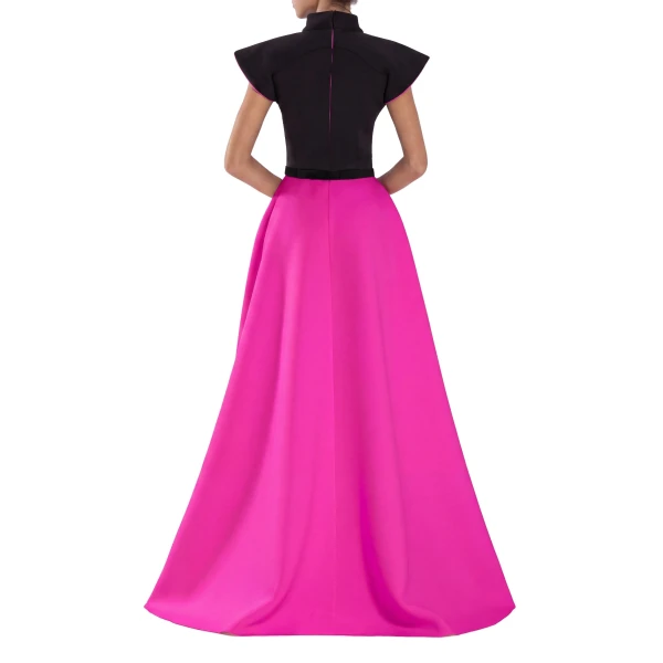 Saiid Kobeisy Neoprene Dress with Wide Shoulders in Magenta and Jet Black, view 4