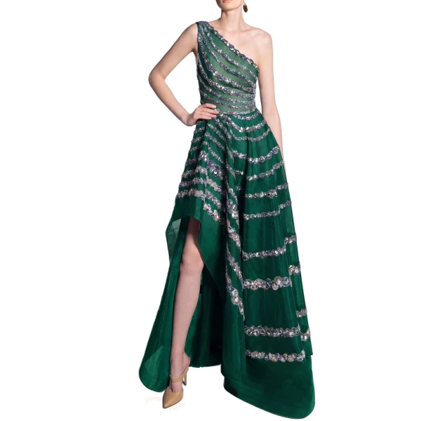 Saiid Kobeisy One Shoulder Asymmetric Beaded Dress in Green with Multicolour beading, view 2